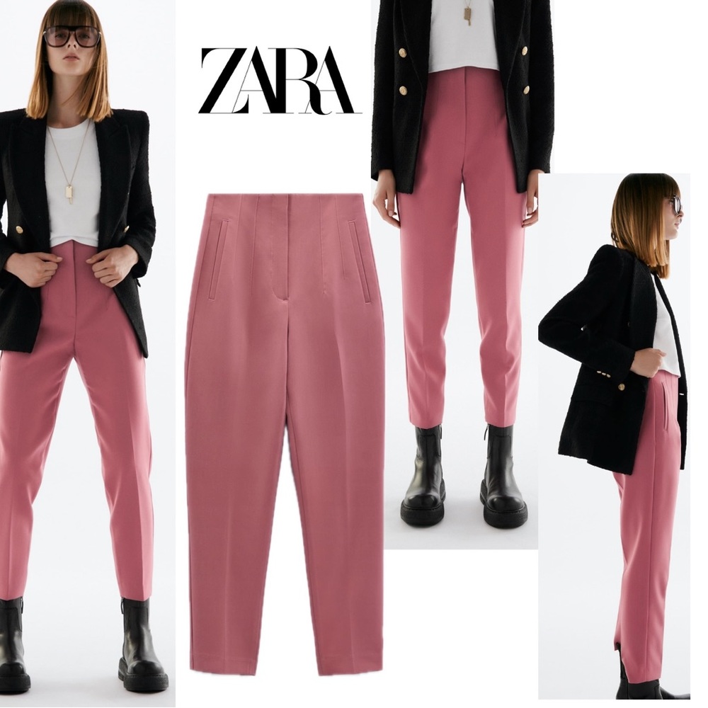 Zara dusty rose pink high waisted slim leg ankle length pants welt pockets Sz L